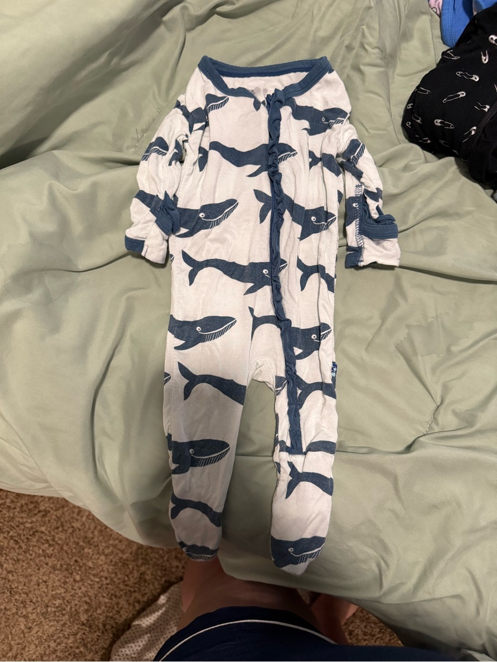 Kickee Pants Cream and Navy Whale Footed One-Piece